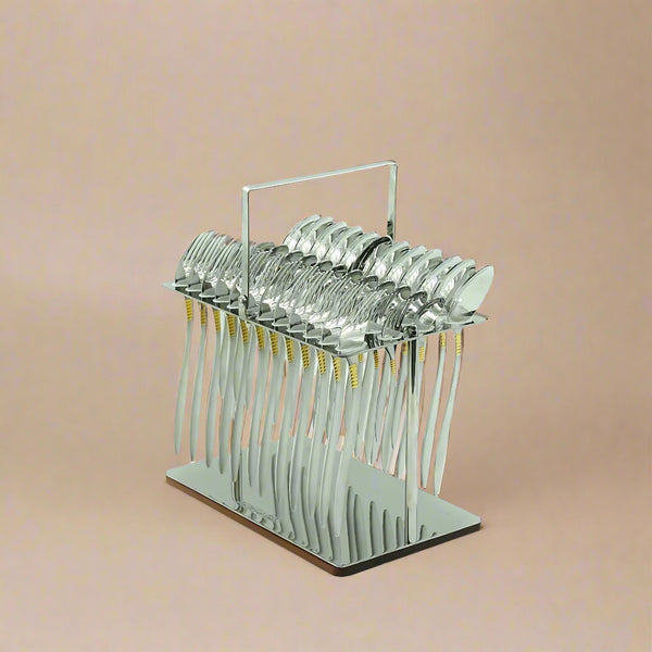 Cutlery Set with Stand – 48 Piece – Elegant Stainless Steel with Gold Accent Handles – TM333GS