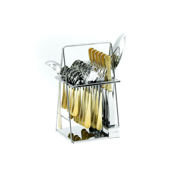 Qq-108 Stainless Steel 26-Piece Cutlery Set with Stand - Silver and Gold, 12 Spoons, 6 Fork, 6 Knives & 2 Serving Spoons