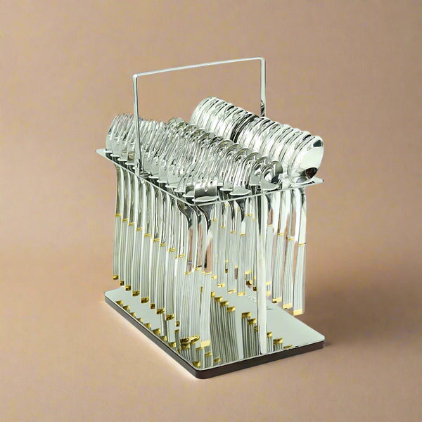 Cutlery Set with Stand – 48 Piece – Elegant Stainless Steel with Gold Accent Handles – TM287GS