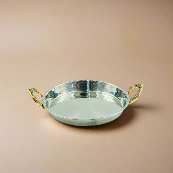 Round Serving Tray with Golden Handles – 40 cm Diameter – Stainless Steel – WB-1429