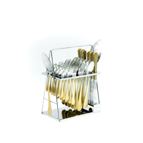 Nn-129 Stainless Steel 38-Piece Cutlery Set with Stand - Silver and Gold, 18 Spoons, 12 Fork, 6 Knives & 2 Serving Spoons