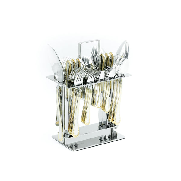 Nn-105 Stainless Steel 38-Piece Cutlery Set with Stand - Silver and Gold, 18 Spoons, 12 Fork, 6 Knives & 2 Serving Spoons
