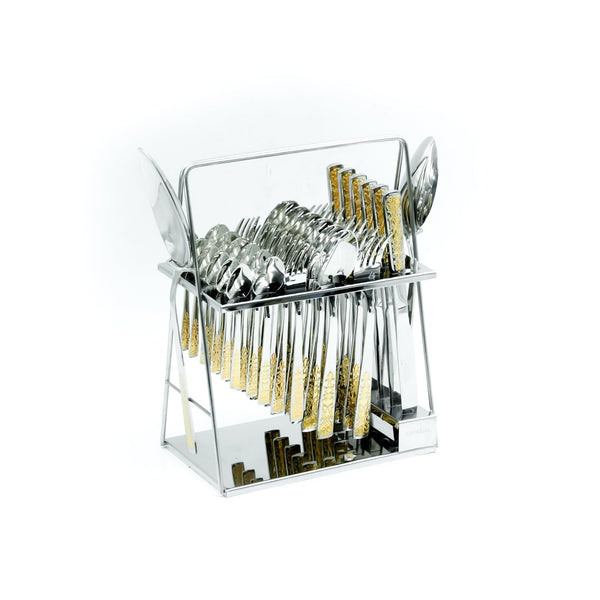 Nn-043 Stainless Steel 38-Piece Cutlery Set with Stand - Silver and Gold, 18 Spoons, 12 Fork, 6 Knives & 2 Serving Spoons