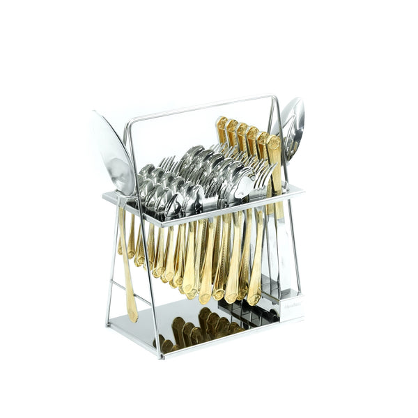 Nn-122 Stainless Steel 38-Piece Cutlery Set with Stand - Silver and Gold, 18 Spoons, 12 Fork, 6 Knives & 2 Serving Spoons