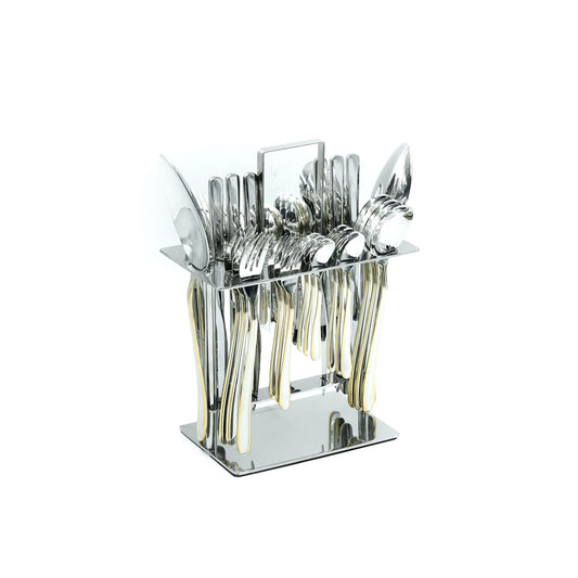 NN-179 Stainless Steel 38-Piece Cutlery Set with Stand - Silver and Gold, 18 Spoons, 12 Fork, 6 Knives & 2 Serving Spoons