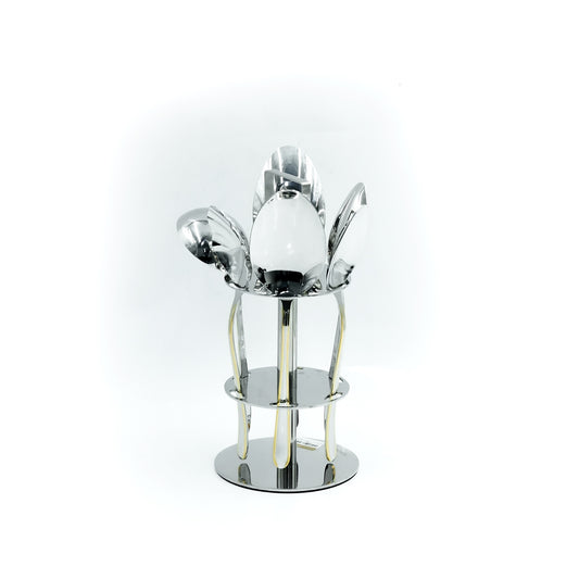 KK-179 Stainless Steel 6-Piece Serving Spoon Set with Stand - Silver and Gold