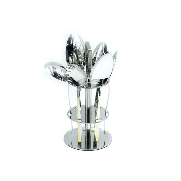 Kk-073 Stainless Steel 6-Piece Serving Spoon Set with Stand - Silver and Gold
