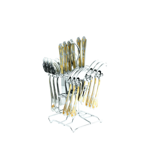 Cut0010203 S/S Stainless Steel 38-Piece Cutlery Set with Stand -  Silver and Gold, 18 Spoons and 6 Knives