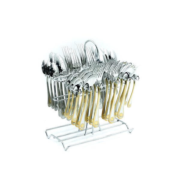 CUT0010354 Stainless Steel 36-Piece Cutlery Set with Stand - Silver and Gold, 18 Spoons and 18 Forks