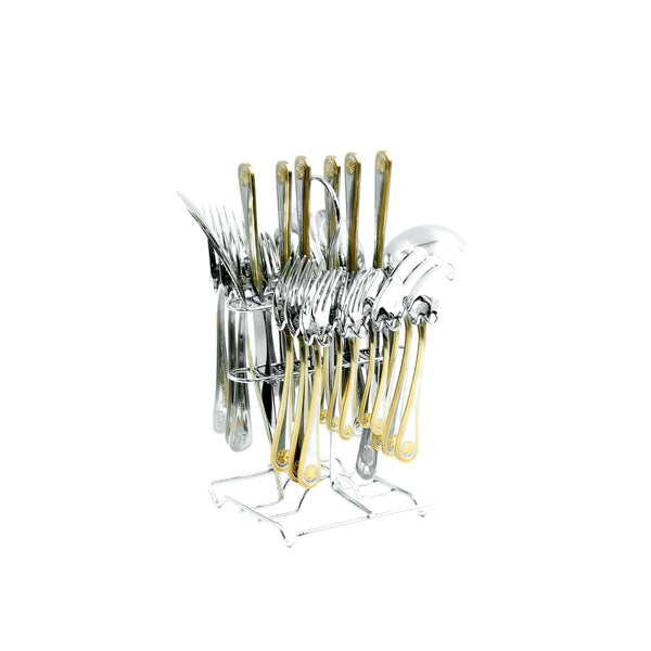 CUT10010358 Stainless Steel 32-Piece Cutlery Set with Stand - Silver and Gold, 12 Spoons, 12 Forks, 6 Knives & 2 Serving Spoons