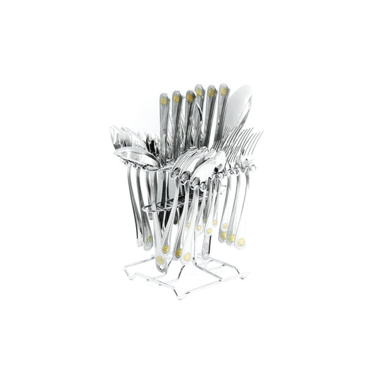 CUT0010360 Stainless Steel 32-Piece Cutlery Set with Stand - Silver and Gold,12 Spoons, 12 Forks, 6 Knives & 2 Serving Spoons