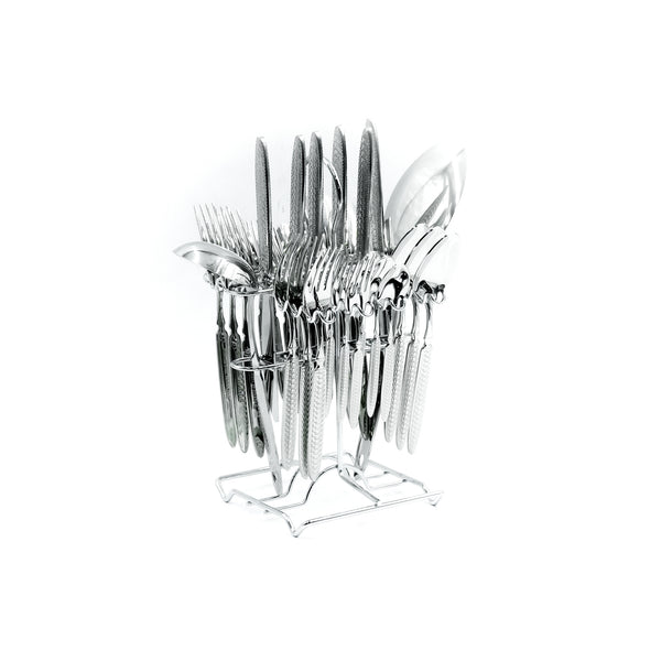 CUT0010445 Stainless Steel 32-Piece Cutlery Set with Stand - Silver, 12 Spoons, 12 Forks, 6 Knives & 2 Serving Spoons