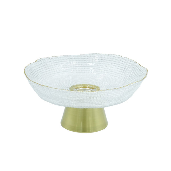 SJ319 Glass Fruit Bowl with Gold Stand and Gold Rim - 30cm x 10cm x 26cm