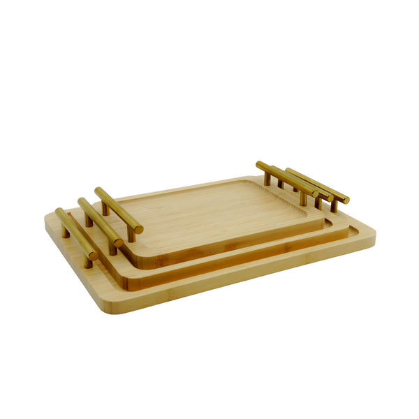 MM369A – Bamboo Tray Set – 3-Piece Serving Trays with Gold Handles