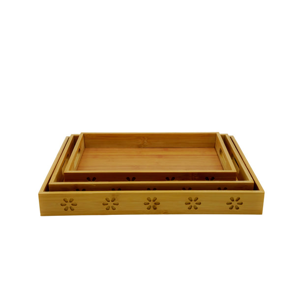 ND-33897-P – Bamboo Serving Tray Set – 3-Piece Trays with Floral Cut-Out Design