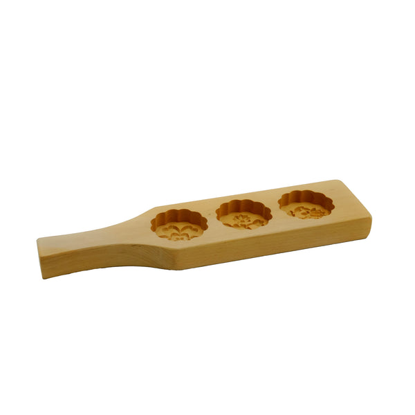 51746 – Wooden Cake Mould – 3-Cavity Traditional Carved Pattern Baking Mold