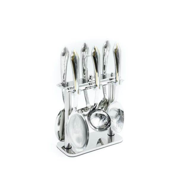 CUT1620087 Stainless Steel 7-Piece Kitchen Tool Set with Stand – Silver and Gold