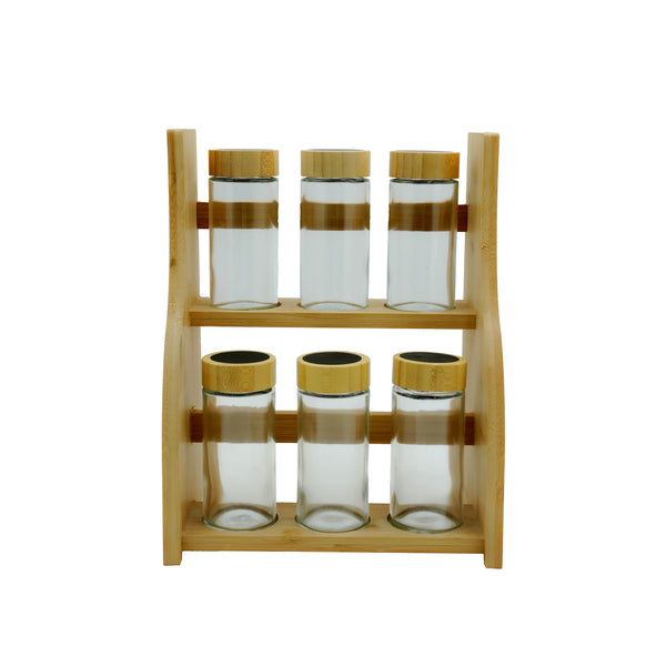 24QMJ-16 – Spice Jar Set – 6 Glass Jars with Bamboo Lids & 2-Tier Wooden Stand