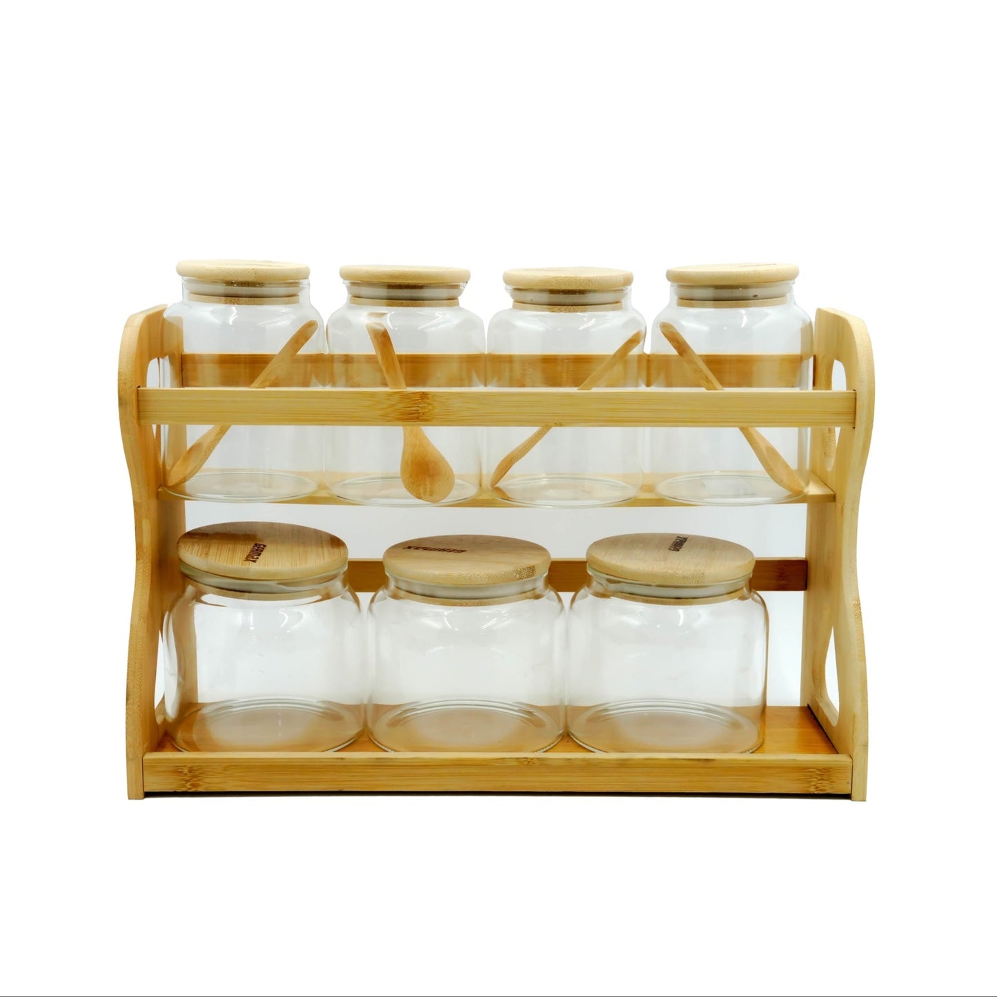 6233 – Storage Jar Set – 7 Glass Jars with Bamboo Lids, Spoons & 2-Tier Wooden Stand