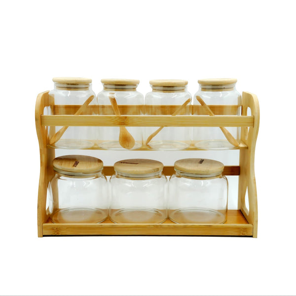 6233 – Storage Jar Set – 7 Glass Jars with Bamboo Lids, Spoons & 2-Tier Wooden Stand