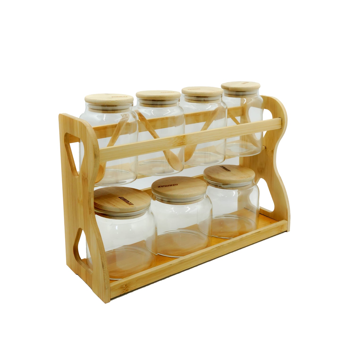 6233 – Storage Jar Set – 7 Glass Jars with Bamboo Lids, Spoons & 2-Tier Wooden Stand