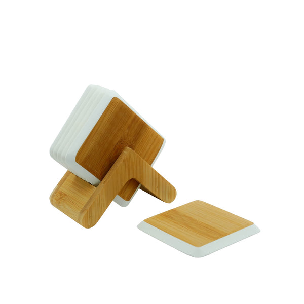 23722-25 – Cup Mat Set – 6 Square Bamboo Coasters with  Wooden Holder