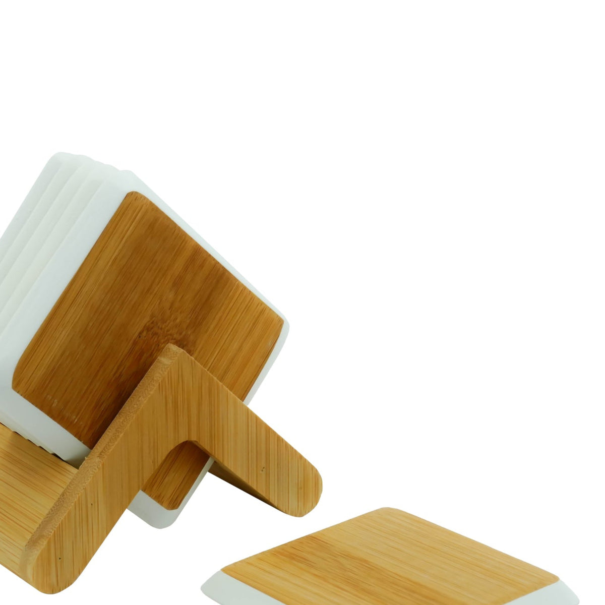 23722-25 – Cup Mat Set – 6 Square Bamboo Coasters with  Wooden Holder