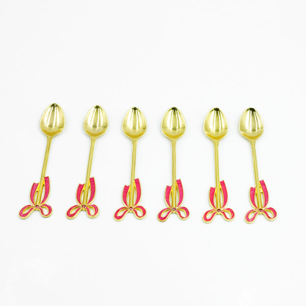 IE-52508 Stainless Steel 6-Piece Spoon Set – Gold with Red Decorative Handle, 12cm