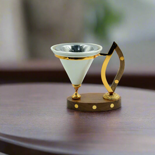 N-02103L-W  Incense Burner – Beige with Wooden Base & Gold Handle - 15cm (H)