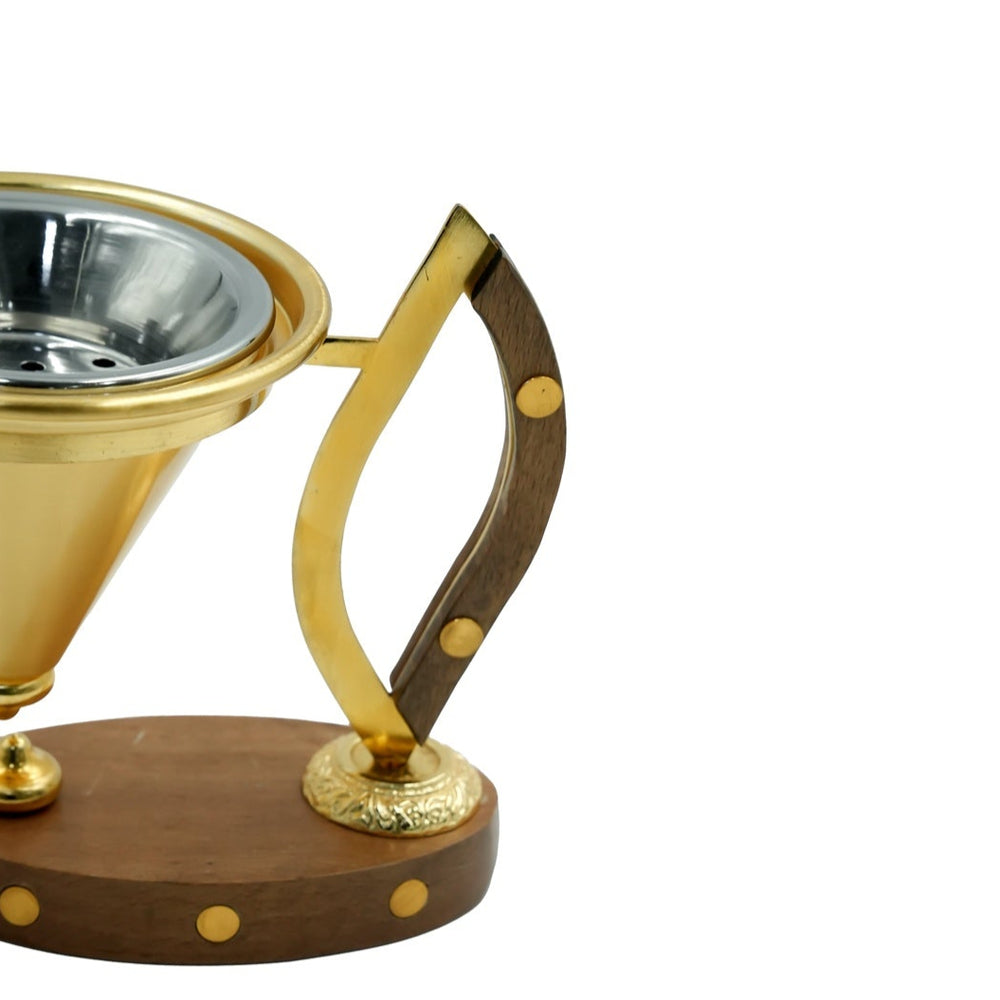 N-02103L-GM Incense Burner – Gold with Wooden Base & Handle, 15cm (H)