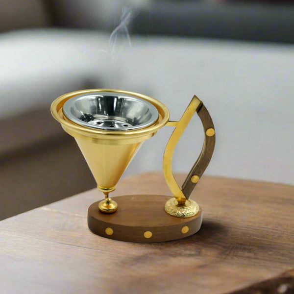N-02103L-GM Incense Burner – Gold with Wooden Base & Handle, 15cm (H)