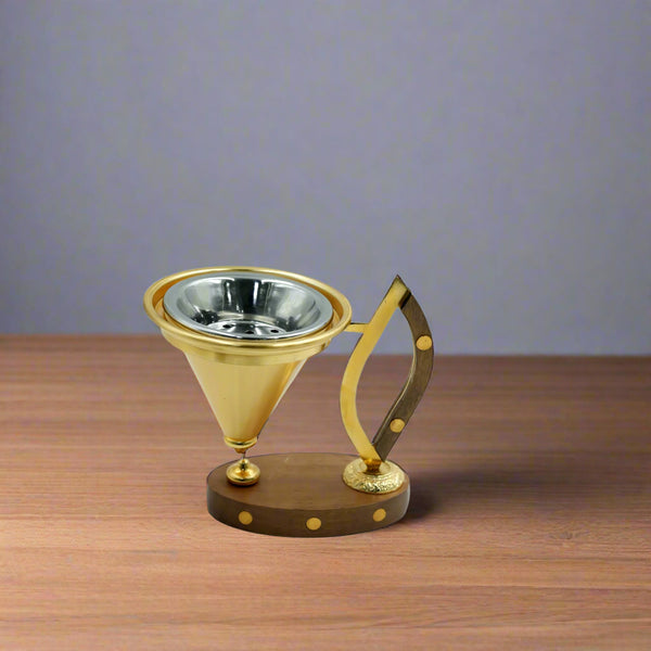 N-02103S-GM Incense Burner – Gold with Wooden Base & Handle, 11cm (H)