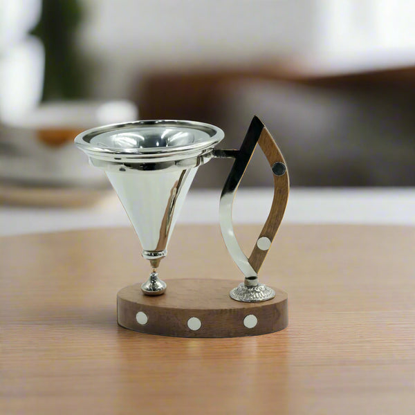 N-02103M-K Incense Burner – Silver with Wooden Base & Handle, 14cm (H)