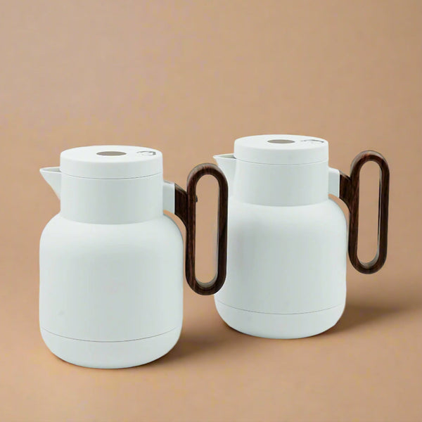 Vacuum Flask 2-Piece Set – 1L + 1L – White with Wooden Handle  – HA2505