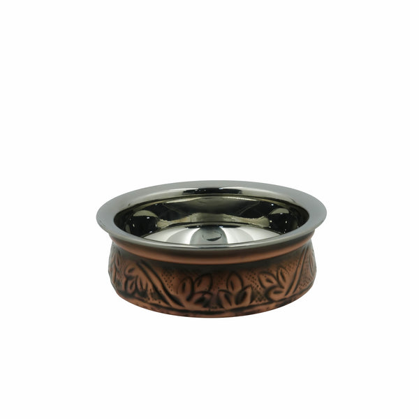 CD-195 – Copper Carving Handi Bowl – Traditional Design – Stainless Interior