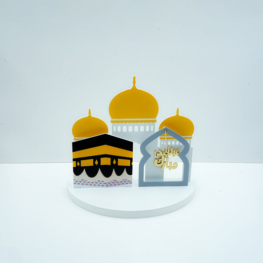 Wooden Eid Al Adha Decorative Stand – Mosque & Kaaba Design – 33cm (W) × 14cm (L) × 30cm (H) – 0317-12