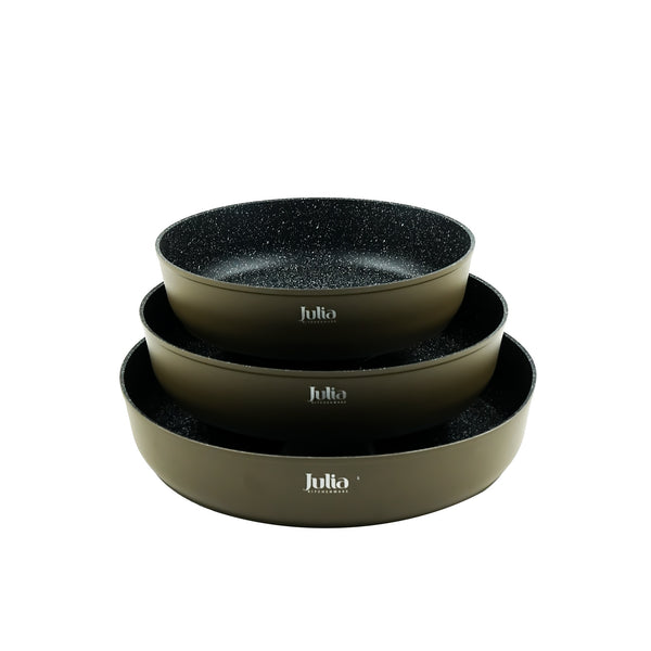 Round Forged Fry Pan 3-Piece Set – Brown Exterior & Black Stone Interior – JU1050