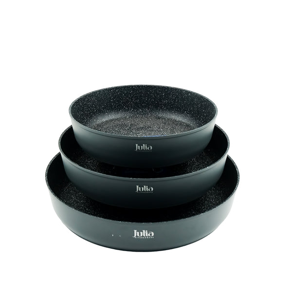Round Forged Fry Pan 3-Piece Set – Grey Exterior & Black Stone Interior – JU1049