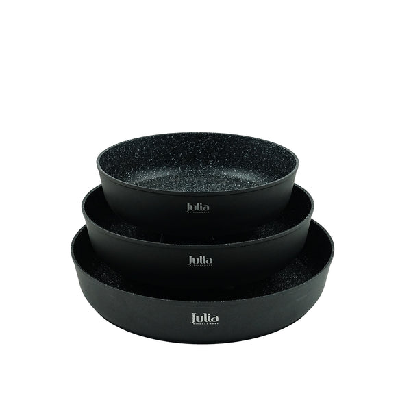 Round Forged Fry Pan 3-Piece Set – Black Exterior & Black Stone Interior – JU1032