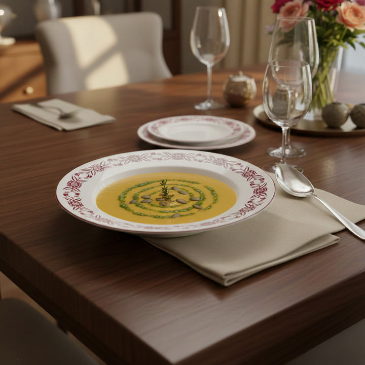 EM-001 8.5-Inch Ceramic Soup Plate with Red Rim and Red Floral Design | Siddiq Gifts Mussafah Abu Dhabi