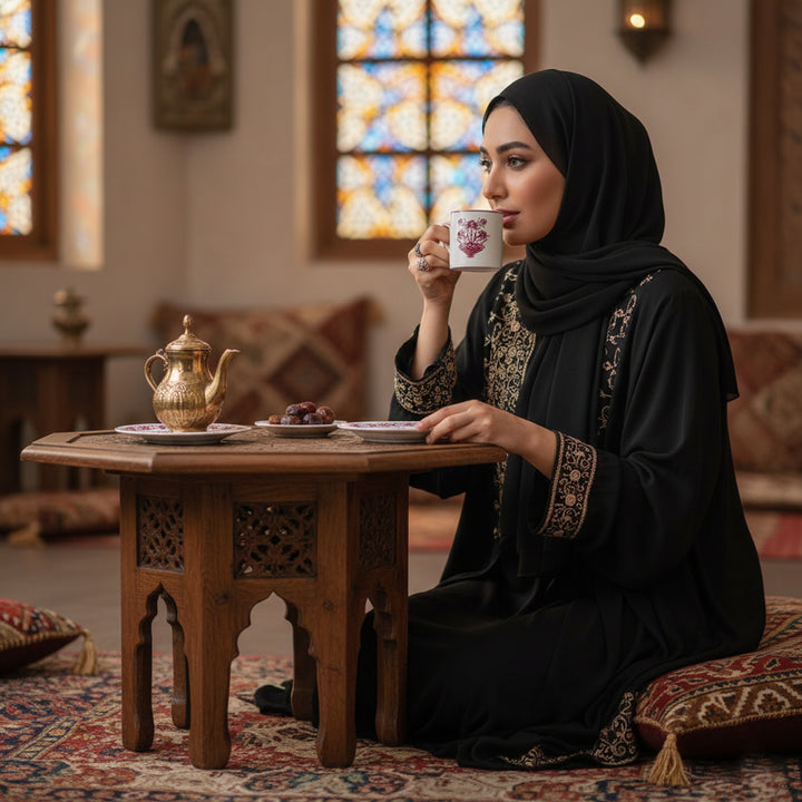 Woman in black hijab and traditional dress sitting at a wooden table with a teapot and cup, in a room with stained glass windows.