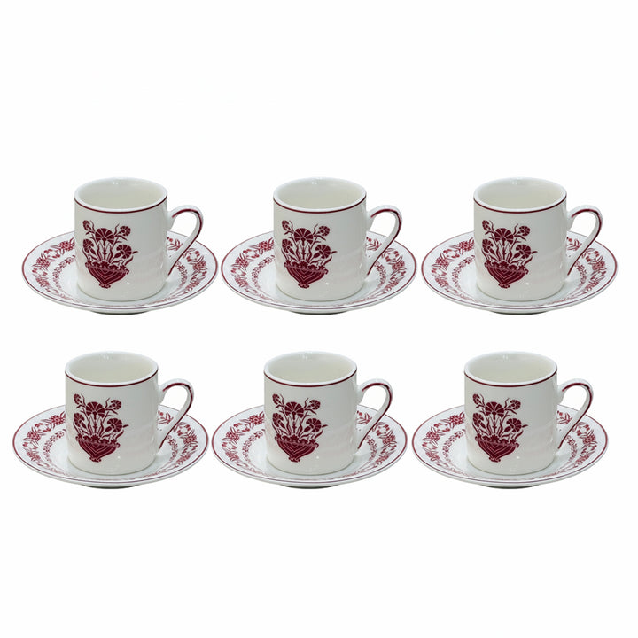 EM-006 12-Piece Coffee Cup & Saucer Set with Red Rim and Red Floral Design | Siddiq Gifts Mussafah Abu Dhabi
