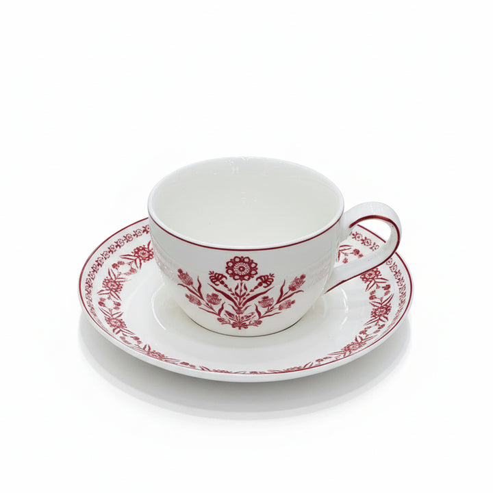 EM-008 12-Piece Milk Cup & Saucer Set with Red Rim and Red Floral Design | Siddiq Gifts Mussafah Abu Dhabi