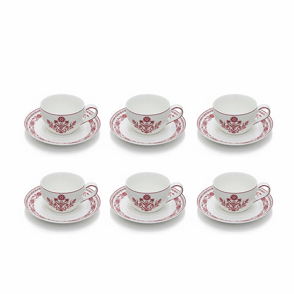 EM-008 12-Piece Milk Cup & Saucer Set with Red Rim and Red Floral Design | Siddiq Gifts Mussafah Abu Dhabi
