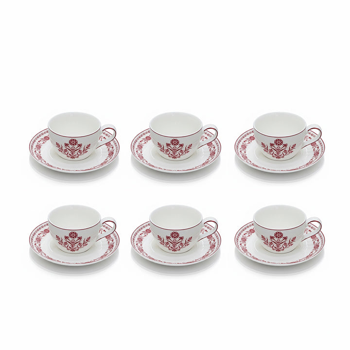 EM-008 12-Piece Milk Cup & Saucer Set with Red Rim and Red Floral Design | Siddiq Gifts Mussafah Abu Dhabi