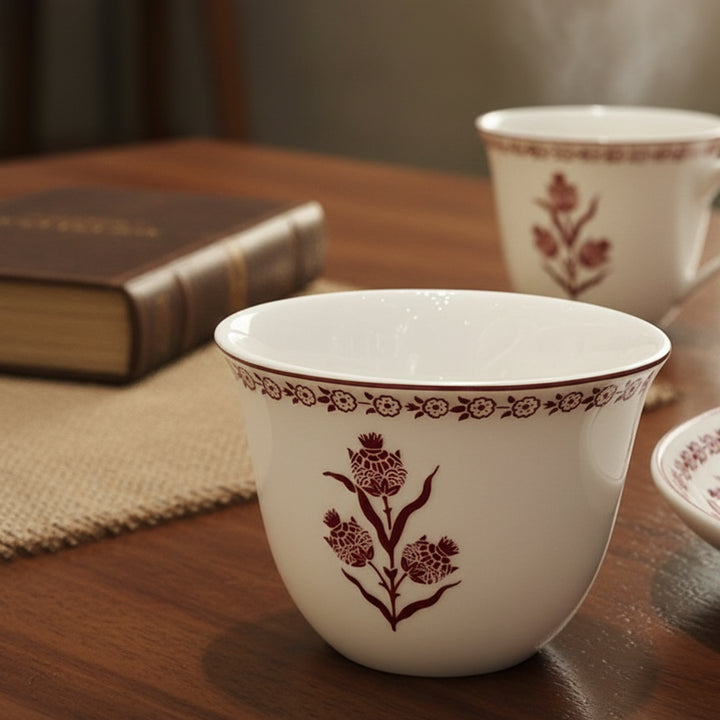 EM-011 12-Piece Cawa Cup Set with Red Rim and Red Floral Design | Siddiq Gifts Mussafah Abu Dhabi