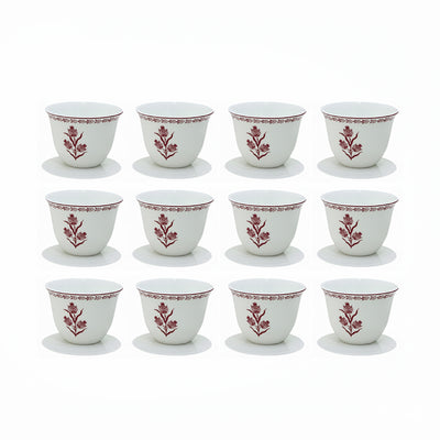 EM-011 12-Piece Cawa Cup Set with Red Rim and Red Floral Design | Siddiq Gifts Mussafah Abu Dhabi