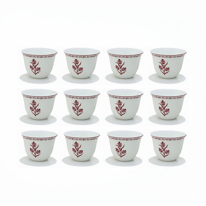 EM-011 12-Piece Cawa Cup Set with Red Rim and Red Floral Design | Siddiq Gifts Mussafah Abu Dhabi