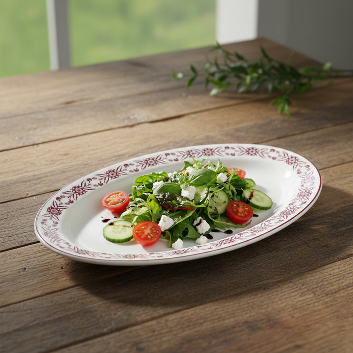 EM-012 14-Inch Ceramic Oval Plate with Red Rim and Red Floral Design | Siddiq Gifts Mussafah Abu Dhabi