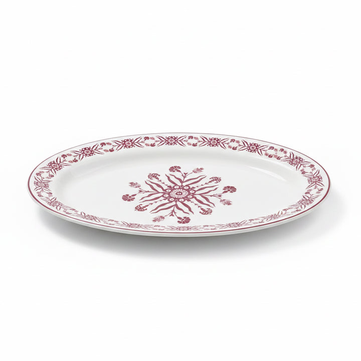 EM-012 14-Inch Ceramic Oval Plate with Red Rim and Red Floral Design | Siddiq Gifts Mussafah Abu Dhabi